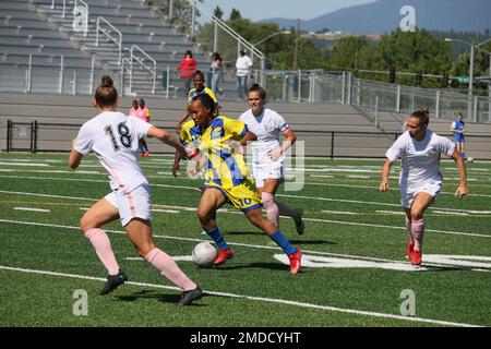 Il Conseil International du Sport Militaire (CISM) 13th World Women's Military Football Championship ospitato dalla Fairchild Air Force base a Spokane, Washingon. Il campionato di quest'anno comprende squadre provenienti da Stati Uniti, Belgio, Camerun, Canada, Francia, Germania, Irlanda, Mali, Paesi Bassi e Corea del Sud. (Dipartimento della Difesa Foto di Steven Dinote, rilasciato). Foto Stock