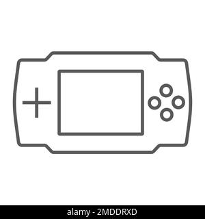 Icona a linea sottile della console di gioco, elettronica e dispositivo, segno di gioco, grafica vettoriale, un motivo lineare su sfondo bianco, eps 10. Illustrazione Vettoriale