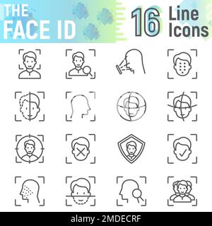 Face ID line Icon Set, Face Recognition Symbols Collection, schizzi vettoriali, illustrazioni logo, Face Scan Signs pacchetto pittogrammi lineari isolato su sfondo bianco, eps 10. Illustrazione Vettoriale