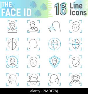 Face ID set di icone a linea sottile, raccolta di simboli di riconoscimento del volto, schizzi vettoriali, illustrazioni logo, segni di scansione del volto pacchetto di pittogrammi lineari isolati su sfondo bianco, eps 10. Illustrazione Vettoriale