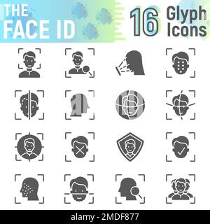 Face ID glyph Icon Set, Face Recognition Symbols Collection, Vector sketch, logo Illustrations, Face Scan Signs Solid Pittogrammi pacchetto isolato su sfondo bianco, eps 10. Illustrazione Vettoriale