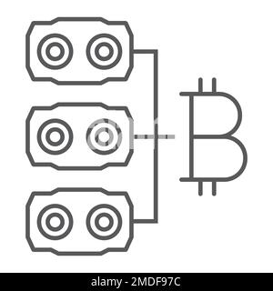 Icona sottile di hardware minerario, denaro e finanza, segno di farm bitcoin, grafica vettoriale, un motivo lineare su sfondo bianco, eps 10. Illustrazione Vettoriale