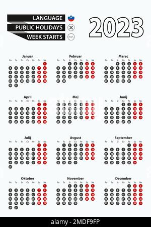 Calendario vettoriale modello 2023 con numero in cerchi, calendario sloveno semplice per l'anno 2023. Illustrazione vettoriale. Illustrazione Vettoriale