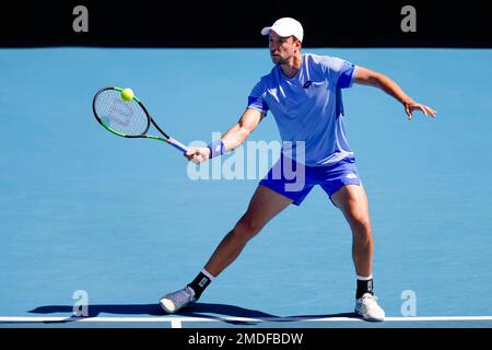 Melbourne, Australia. 23rd Jan, 2023. Tennis: Grand Slam - Australian Open, doppie, uomini, 3rd° turno: Bolt/Saville (Australia) - Mies/Peers (Germania/Australia). Andreas Mies è in azione. Credit: Frank Molter/dpa/Alamy Live News Foto Stock