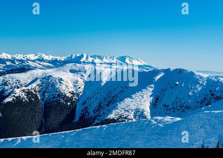La parte più occidentale dei Tatra occidentali e degli alti Tatra dalla collina di Chabenec nelle montagne dei Tatra bassi in Slovacchia durante la mattina d'inverno con cielo limpido Foto Stock
