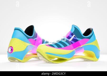 Sneaker sportive unisex in tela blu e gialla con suole alte. illustrazione 3d Foto Stock