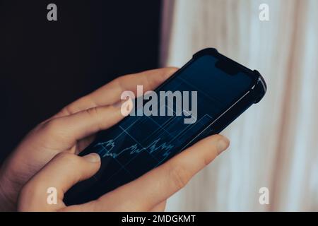 Mani femminili che tengono il telefono, controllando il grafico del mercato azionario per il tranding e l'investimento nel cambio di sicurezza. Donna in attesa di telefono Visualizza la schermata dell'indice delle azioni. Concetto di investimento di mercato azionario contabilità Finanza Foto Stock