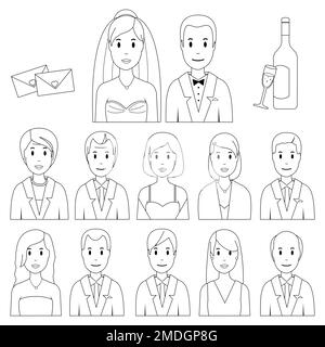 Sposi, sposi e ospiti di nozze. Persone al matrimonio. Pagina da colorare in bianco e nero Foto Stock