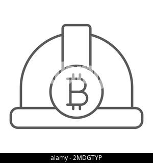 Icona a filo sottile del cappello Bitcoin, finanza e denaro, segno del casco, grafica vettoriale, un motivo lineare su sfondo bianco, eps 10. Illustrazione Vettoriale