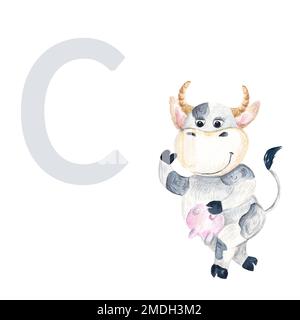 Lettera C, maiuscola, vacca bambino, carino bambini animaletto ABC colorato. Acquerello disegno a mano isolato su sfondo bianco. Può essere utilizzato Foto Stock