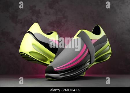 Sneaker sportive unisex in tela verde e rosa con suole alte. illustrazione 3d Foto Stock