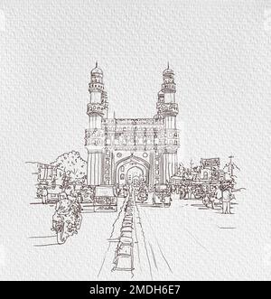 Charminar Hyderabad India, illustrazione o schizzo, illustrazione disegnata a mano, illustrazione asiatica, illustrazione della linea di Hyderabad City, CITTÀ DI HYDERABAD . Foto Stock