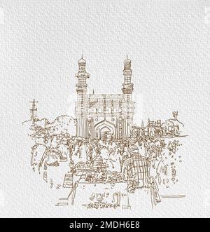 Charminar Hyderabad India, illustrazione o schizzo, illustrazione disegnata a mano, illustrazione asiatica, illustrazione della linea di Hyderabad City, CITTÀ DI HYDERABAD . Foto Stock