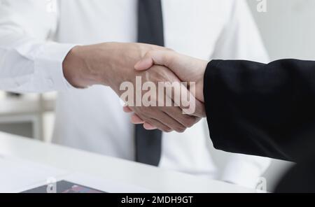 Commercialisti e rivenditori finanziari che scuotono la mano per congratularsi con le prestazioni a due cifre del bene immobile, le riunioni e il concetto di scuotimento della mano. Foto Stock