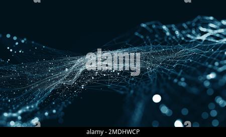 Illustrazione dei big data e della cybersicurezza 3D. Reti neurali e intelligenza artificiale. Onde di informazioni e database globale. Astratto tecnologico Foto Stock