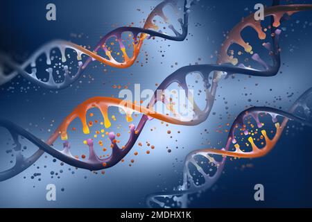 Elica del DNA. Ingegneria genetica. Studio della struttura del DNA. Ricerca medica moderna delle cellule staminali. 3D illustrazioni Foto Stock