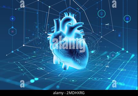 Modello digitale del cuore umano. Tecnologie moderne in cardiologia, ricerca e trapianto. Illustrazione del concetto di assistenza sanitaria 3D Foto Stock