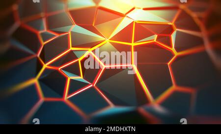Sfondo esagonale, poligonale, caotico, tecnologico. 3D immagine delle incrinature sulla superficie. Materia rosso-calda, lava, e un vuoto nello spazio. Tecnologia digitale Foto Stock
