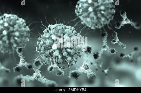 Protezione da virus. Anticorpi e infezione virale. Difesa immunitaria del corpo. Attacco sugli antigeni 3D illustrazione Foto Stock