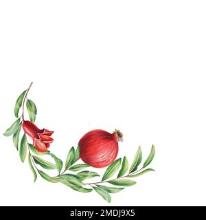 Cornice di melograno acquerello con un ramo. Fetta matura, fiori e semi di melograno. Disegnato a mano realistico gustoso frutto rosso granato isolato Foto Stock