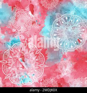 Acquerello disegnato a mano senza cuciture con mandala. Una parte del grande set di illustrazioni Holi Foto Stock