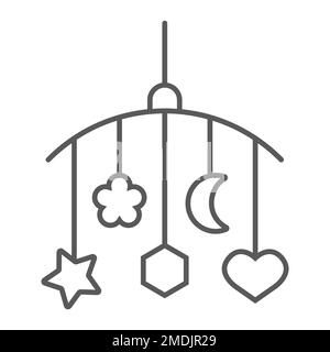 Giocattoli sospesi icona linea sottile, bambino e letto, presepe segno, grafica vettoriale, un motivo lineare su uno sfondo bianco, eps 10. Illustrazione Vettoriale