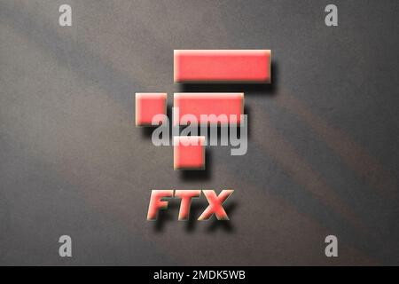FTX Token FTT Cryptocurrency 3D logo moneta e simbolo su sfondo marrone, illustrazione finanziaria della catena di blocchi decentralizzata. Foto Stock