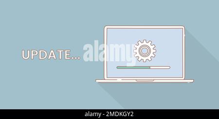software di aggiornamento online per computer laptop concept con contorno o linea e semplice stile semplice illustrazione vettoriale Foto Stock