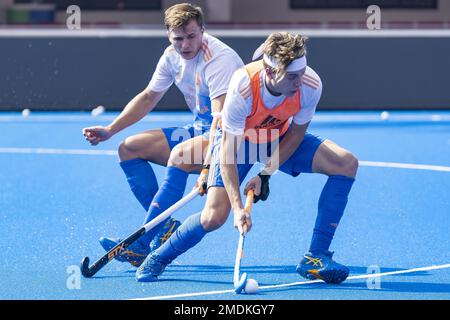 BHUBANESWAR - Derck de Vilder (L, NED) e Thijs van Dam (NED) durante gli allenamenti fino alle quarti di finale della Coppa del mondo di Hockey in India. AP WILLEM VERNES Foto Stock