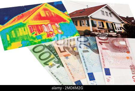 Foto di una casa singola, immagine termica e banconote, risparmio energetico, composizione, Austria Foto Stock