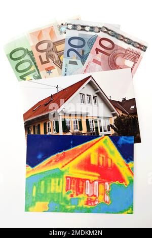 Foto di una casa singola, immagine termica e banconote, risparmio energetico, composizione, Austria Foto Stock