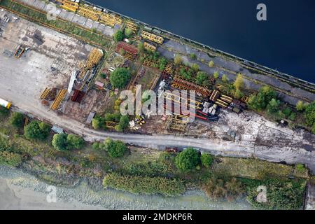 Cantiere lungo la Scheldt, vista aerea, Belgio, Fiandre Orientali, Zeeschelde Foto Stock