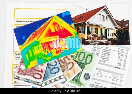 Foto di una casa singola, immagine termica, pass di energia e banconote, risparmio di energia, composizione, Austria Foto Stock