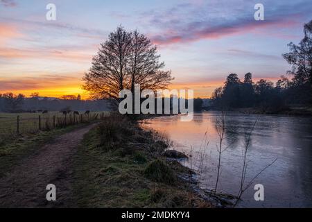 Il lago a Waverley House vicino a Farnham al tramonto in una serata gelida a gennaio. Foto Stock