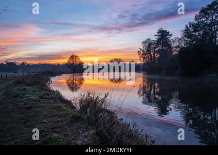 Il lago a Waverley House vicino a Farnham al tramonto in una serata gelida a gennaio. Foto Stock