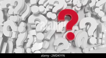 Una grande pila di simboli di punti interrogativi bianchi ed evidenziarne uno rosso in alto. Illustrazione 3D Foto Stock