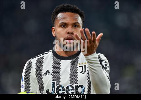 Weston McKennie della Juventus FC gesta durante la Serie Una partita di calcio tra Juventus FC e Atalanta BC allo stadio Juventus di Torino (Italia), J Foto Stock