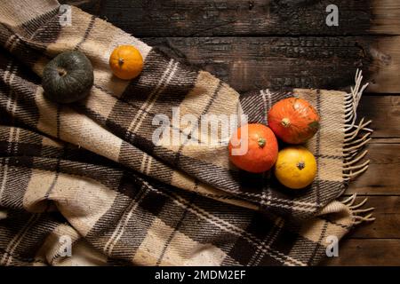 plaid di lana sul pavimento di legno e zucche per lo sfondo, sfondo di legno autunnale, zucca sul tavolo per lo sfondo Foto Stock