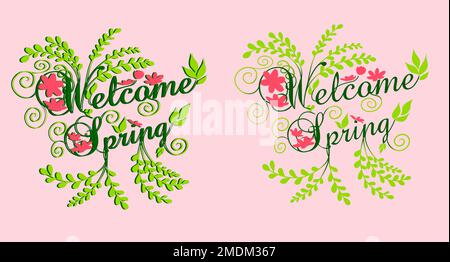Vacanze primaverili, citazioni stagionali e icone dei desideri. Il set isolato vettore di Hello Spring e Spring è nel testo delle citazioni Air per la primavera Illustrazione Vettoriale