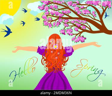 ciao primavera ragazza in viola, donna con fiori modello carattere Illustrazione Vettoriale