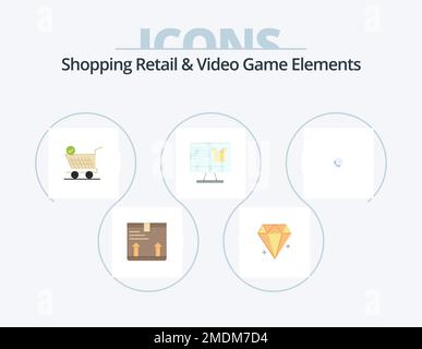 Shopping al dettaglio e video Game Elements Flat Icon Pack 5 Icon Design. telefono. shopping. trolly. monitor . computer Illustrazione Vettoriale