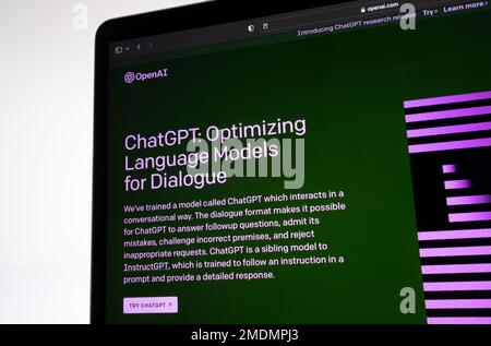 Pagina iniziale di ChatGPT visualizzata sul notebook. Intelligenza artificiale chatbot ai di Open ai. Stafford, Regno Unito, 23 gennaio 2023 Foto Stock