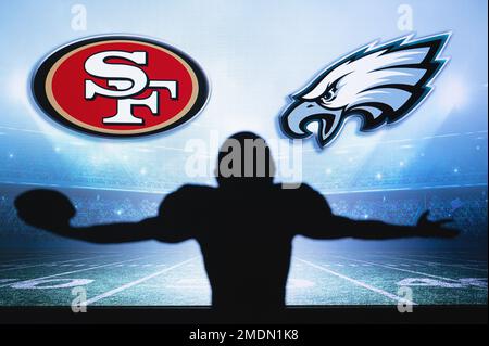 PHILADELPHIA, USA, 18 GENNAIO 2023: San Francisco 49ers contro Philadelphia Eagles. Poster NFL Conference Championship per la finale di NFC 2023 Foto Stock