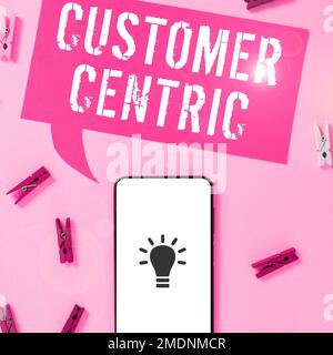 Segno che mostra il Customer Centric. Parola per processo di cura dei clienti per garantire il loro piacere Foto Stock