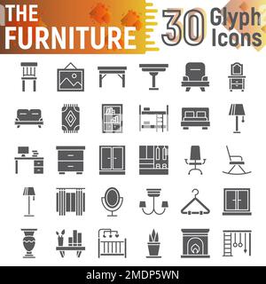 Set di icone glyph per mobili, collezione di simboli interni, schizzi vettoriali, illustrazioni logo, confezione di pittogrammi solidi per la casa isolati su sfondo bianco, eps 10. Illustrazione Vettoriale