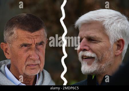 Un collage di candidati avversari generali Petr Pavel e Andrej Babis nella campagna pre-elettorale prima del secondo turno di elezioni per il preside Foto Stock