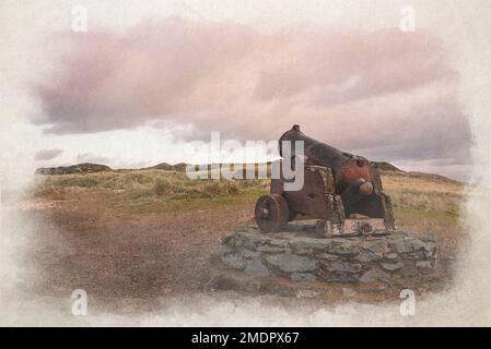 Il cannone dell'isola di Llanddwyn. Un dipinto digitale ad acquerello di Ynys Llanddwyn, Anglesey, Wales, UK. Foto Stock