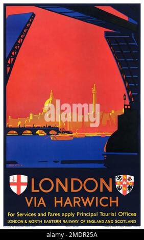 Londra via Harwich. Per i servizi e le tariffe si applicano gli uffici turistici principali di Frank Henry Mason (1875-1965). Poster pubblicato nel 1925 nel Regno Unito. Foto Stock