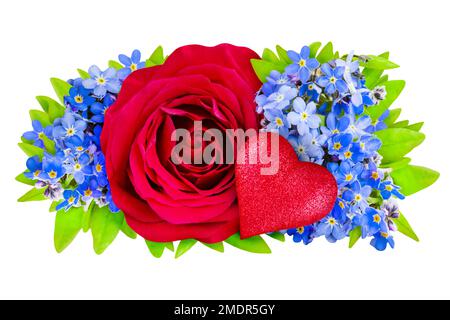 Rosso cuore d'amore e rosa con fiori dimenticare-me-non isolato su sfondo bianco Foto Stock