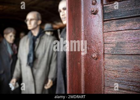 Immagine sfocata degli ebrei all'interno dei vagoni del treno destinati ai campi di concentramento durante il periodo nazista della seconda guerra mondiale - concetto di memoria, shoah, Olocaus Foto Stock